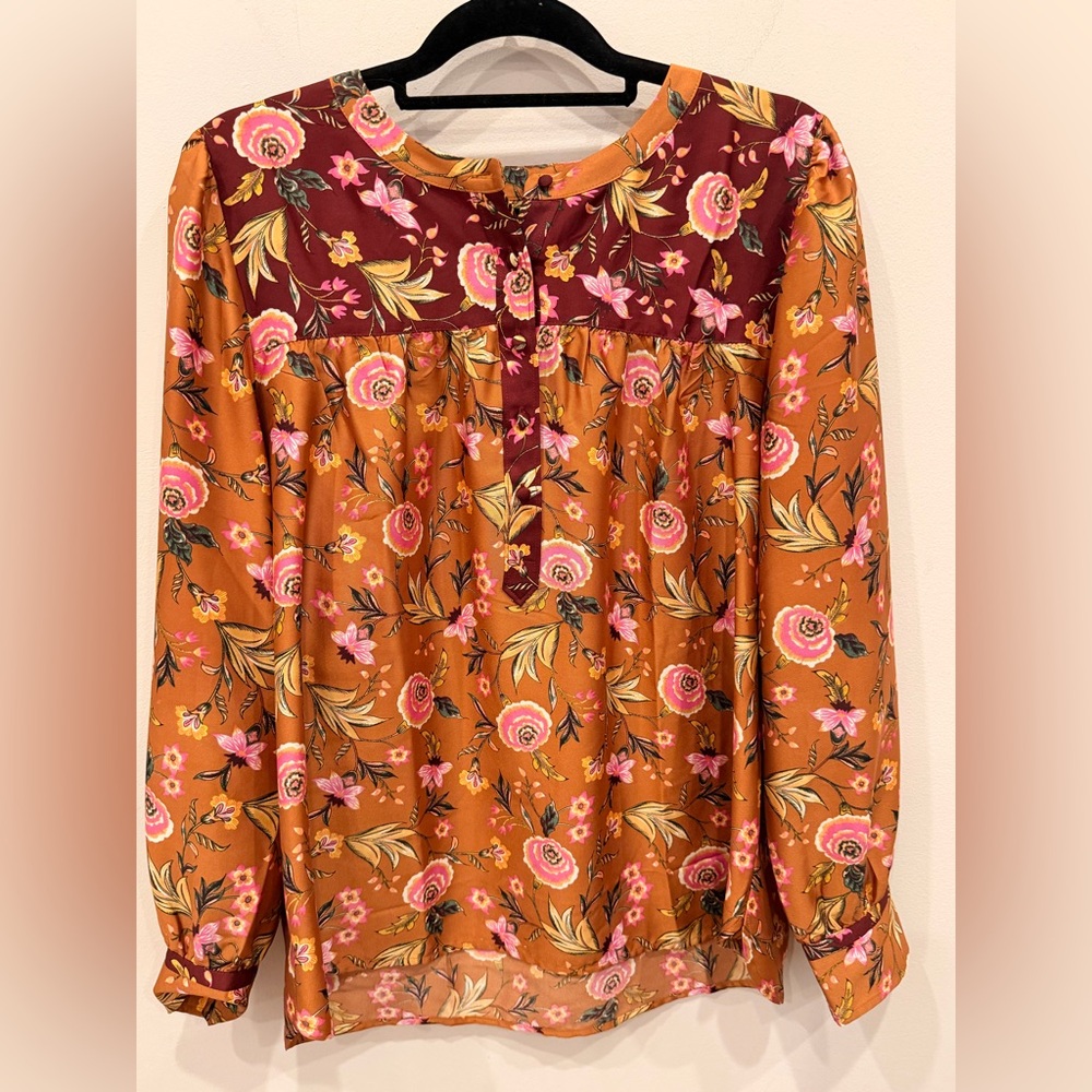 LOFT Floral Blouse Women’s Large Boho Peasant Top Long Sleeve Orange Pink